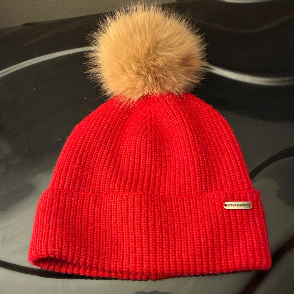 Steve Madden Vibrant Red Beanie with Tan Pom-Pom
